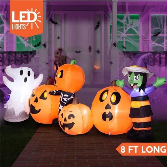 New 8 ft Long Halloween Inflatable Three Characters and Pumpkin Patch - Picture 2 of 8
